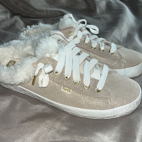 Kate Spade Keds Tan Sparkle Fur Trim Slip On Tennis Shoes size 7 - Picture 6 of 9